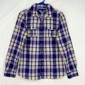 Tommy Hilfiger Womens Small Button Front Shirt Navy Blue Purple Yellow Plaid LS